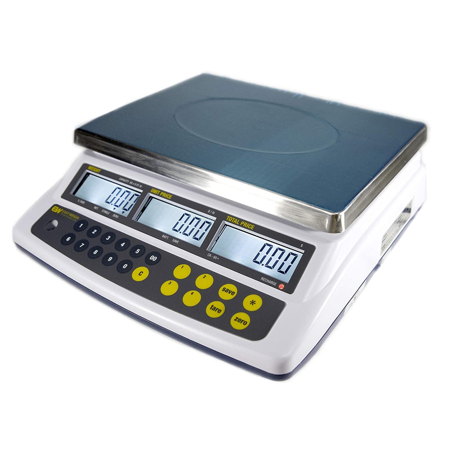 Easy Weigh CK Series Digital Price Computing Scale Rechargeable Battery Operated, NTEP Approval Class III, LCD Display, Portable Compact, Stainless Steel Platter