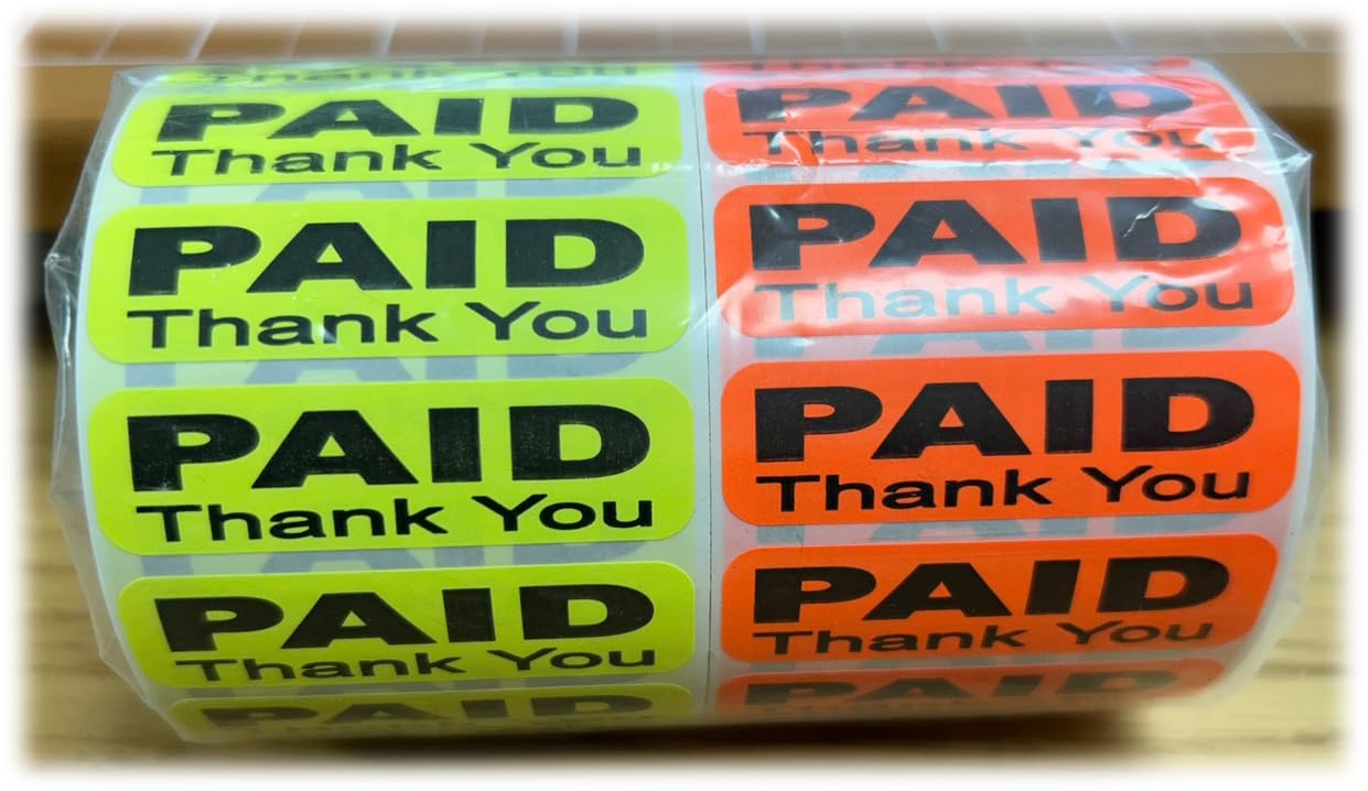 Paid Thank You Label Sticker, Self-Adhesive Retail Merchandise Labels - 2" Width by 0.5" Height 1000 Pack **Made in USA**
