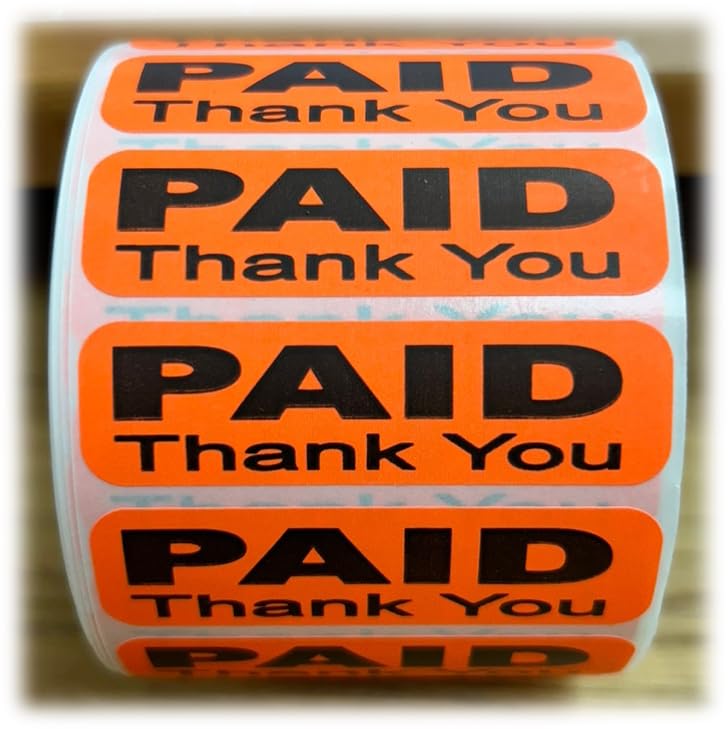 Paid Thank You Label Sticker, Self-Adhesive Retail Merchandise Labels - 2" Width by 0.5" Height 1 Roll 1000 Label Pack Made in USA