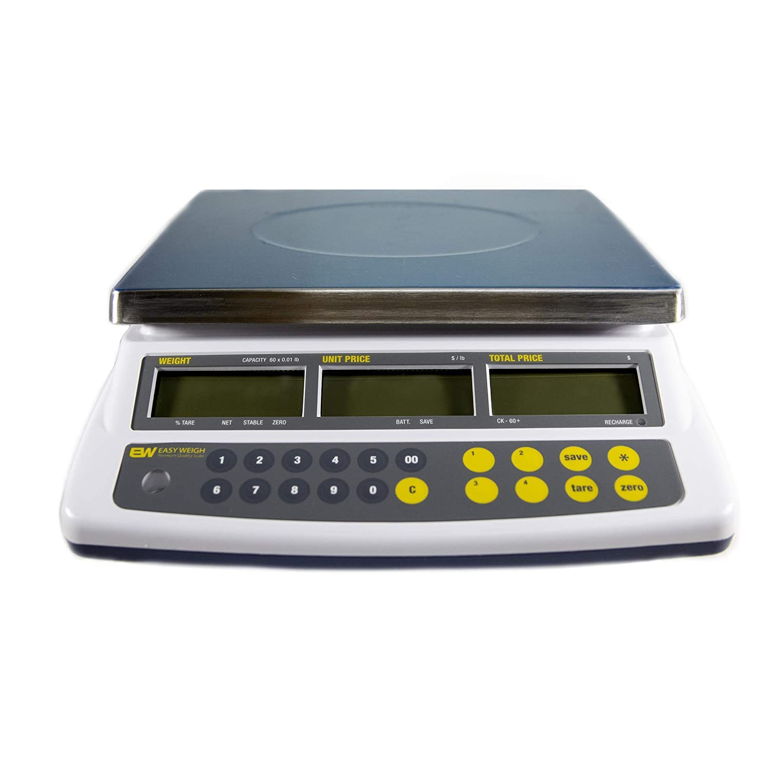 Easy Weigh CK Series Digital Price Computing Scale Rechargeable Battery Operated, NTEP Approval Class III, LCD Display, Portable Compact, Stainless Steel Platter