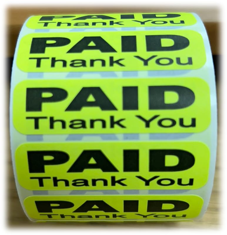 Paid Thank You Label Sticker, Self-Adhesive Retail Merchandise Labels - 2" Width by 0.5" Height 1 Roll 1000 Label Pack Made in USA