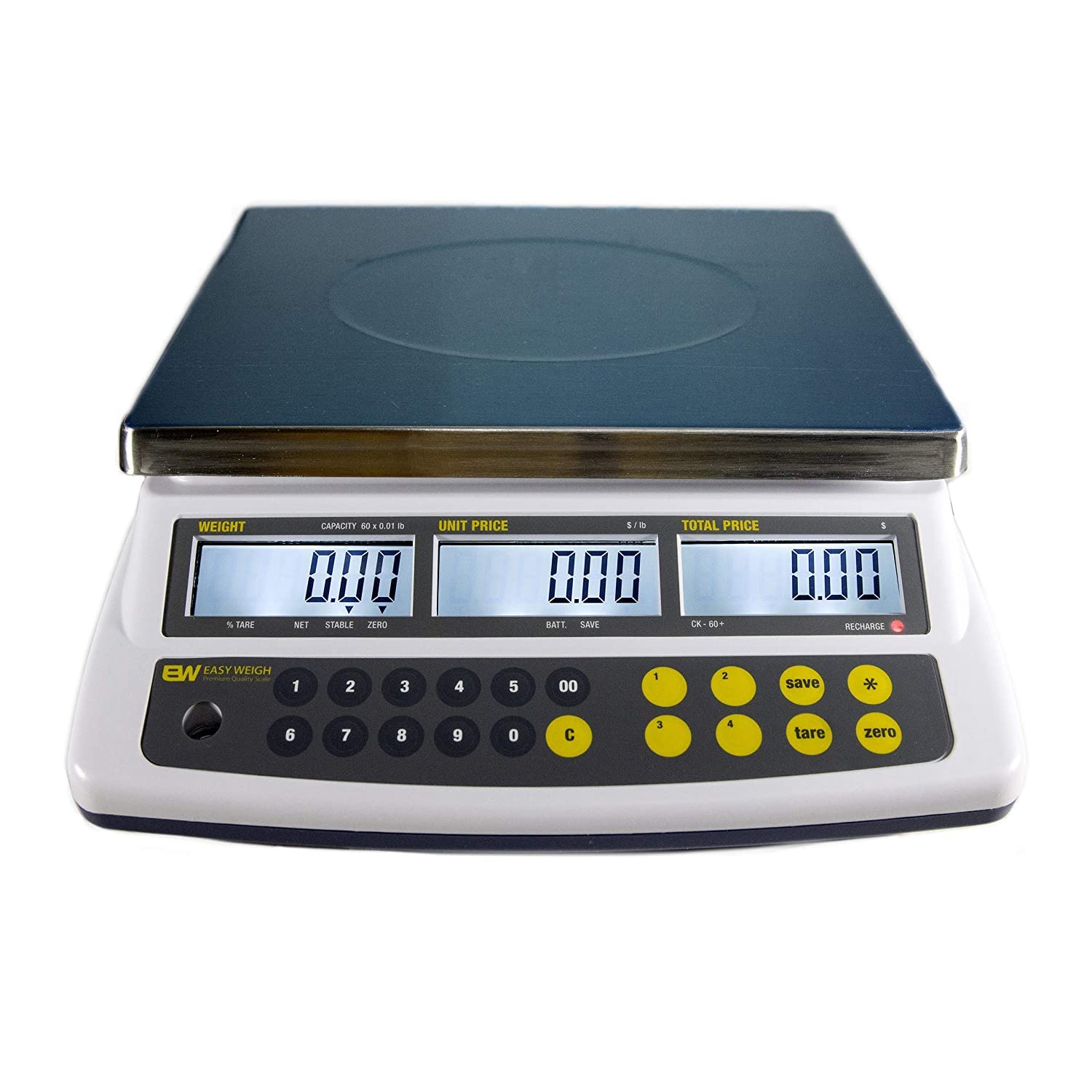 Easy Weigh CK Series Digital Price Computing Scale Rechargeable Battery Operated, NTEP Approval Class III, LCD Display, Portable Compact, Stainless Steel Platter
