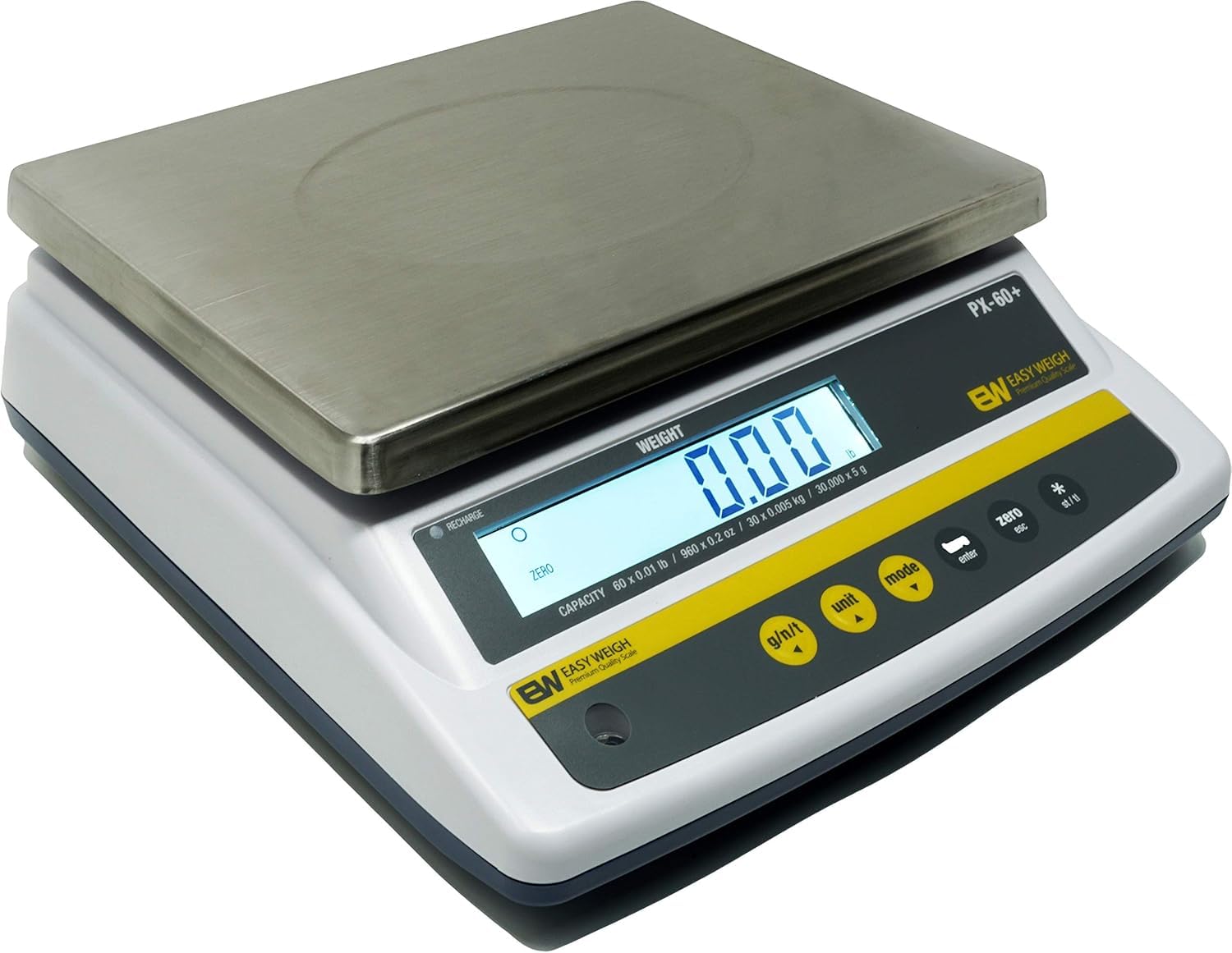 Easy Weigh PX Portion Control Digital Scale Rechargeable Battery Operated Power Cable Included LCD Display Stainless Steel Platter KG Grams OZ Kitchen Deli Produce Electronic NTEP Certified