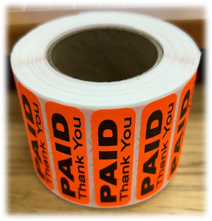 Paid Thank You Label Sticker, Self-Adhesive Retail Merchandise Labels - 2" Width by 0.5" Height 1 Roll 1000 Label Pack Made in USA