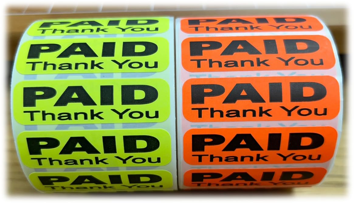 Paid Thank You Label Sticker, Self-Adhesive Retail Merchandise Labels - 2" Width by 0.5" Height 1 Roll 1000 Label Pack Made in USA